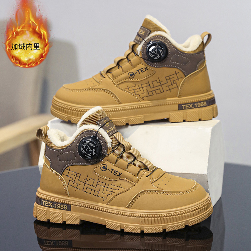 秋冬季加绒保暖高帮马丁靴皮革拼接免系带旋转纽扣男女同款童靴