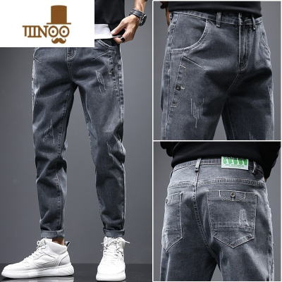 YANXU款牛仔裤男士2023秋季新款宽松直筒弹力休闲潮牌哈伦长裤男生