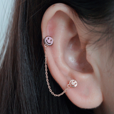 银针韩国东大门耳环耳钉镶钻小狗笑脸双耳洞耳链耳骨钉送女朋友老婆情人节七夕生日礼物