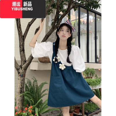 YIBUSHENG大码胖MM季新款立体单肩背带裙女法式连衣裙微胖遮肉显瘦套装