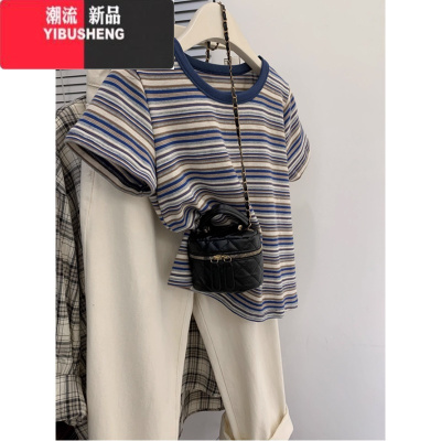 YIBUSHENG2024季新款港味复古正肩短袖t恤女撞色条纹减龄体恤上衣潮