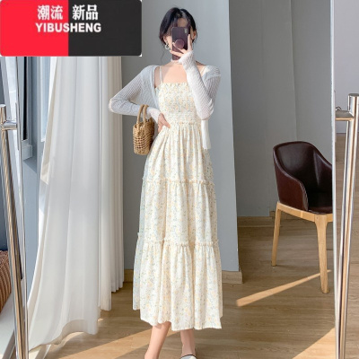 YIBUSHENG季温柔风碎花吊带连衣裙两件套装绝美小清新海边度假沙滩长裙女