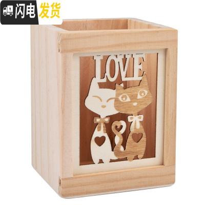 三维工匠[成品免安装]带抽屉木质笔筒创意可爱铅笔筒多功能学生镂空铁塔收纳盒卡通兔子猫咪黑白板留言实木松木笔 单格情侣猫款
