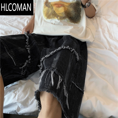 HLCOMAN潮牌痞帅扎染毛边牛仔短裤男高街cec直筒宽松bf休闲阔腿五分马裤