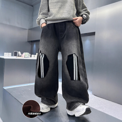 男童加绒牛仔裤秋冬新款宽松男孩长裤冬季潮酷儿童裤子一体绒