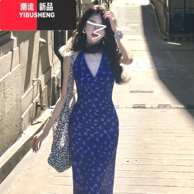 YIBUSHENG蓝色V领碎花无袖挂脖吊带连衣裙子女季法式气质长裙赵露思同款