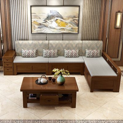 橡木实木沙发组合贵妃冬夏两用沙发小户型带储物现代中式三人客厅