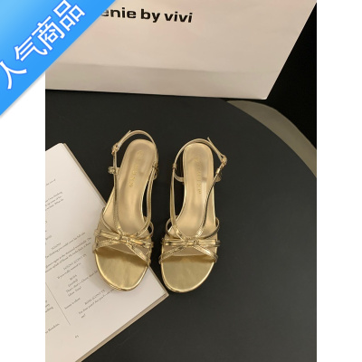 SUNTEK粗跟银色气质法式小凉鞋女鞋子2023年新款夏季仙女风配裙子罗马鞋