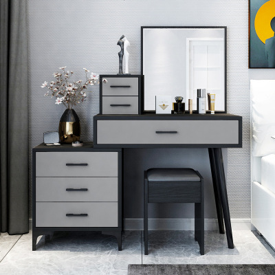 卧室梳妆台灰色简约现代收纳柜一体轻奢北欧网红ins风抖音化妆桌