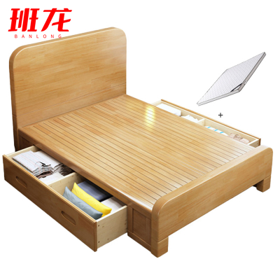 班龙高箱床1.35*2米+床垫原木色套