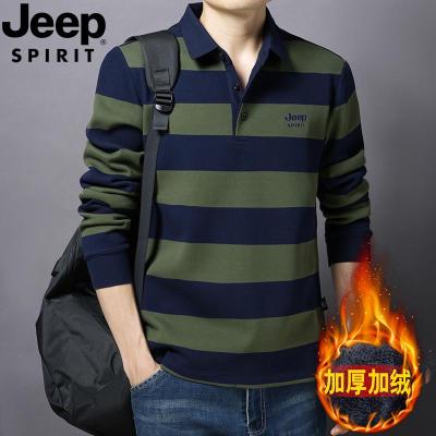 JEEP SPIRIT休闲翻领条纹长袖T恤男士秋冬加绒加厚POLO衫2036