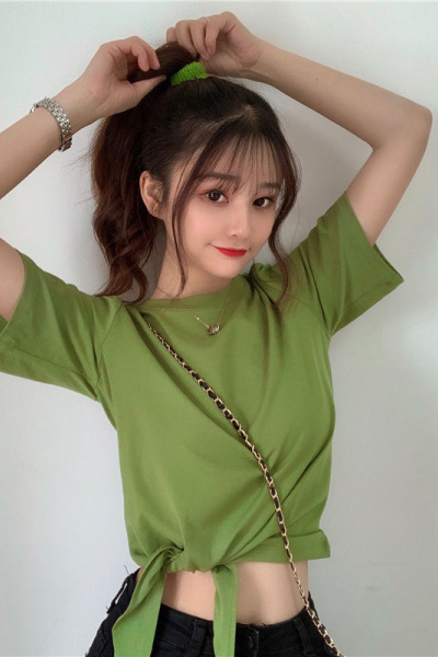 设计感打底衫女夏季新款韩版时尚高腰短款短袖纯色小心机T恤女装