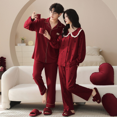 情侣睡衣春秋冬季棉质本命年喜庆结婚红色一男士一女士家居服套装