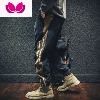 七斓条纹拼接工装裤男潮牌宽松束脚大码阔腿哈伦裤款休闲裤子