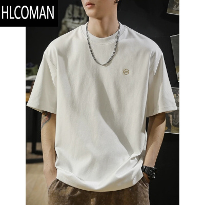 HLCOMAN2025夏季新款刺绣短袖T恤男白色男士衣服男款内搭打底上衣衫男生t
