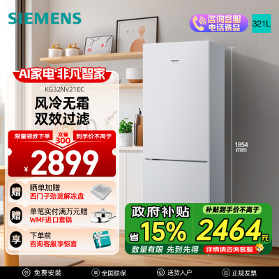 西门子(SIEMENS)321升两门双门冰箱风冷无霜 LED智能显示租房小户型公寓宿舍 KG32NV21EC