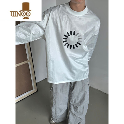 YANXU2023秋季款休闲宽松缓冲图标印花拼接长袖T恤男百搭轻薄光面卫衣