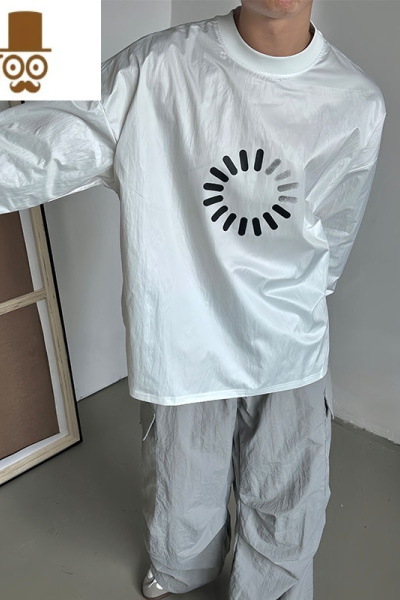 YANXU2023秋季款休闲宽松缓冲图标印花拼接长袖T恤男百搭轻薄光面卫衣