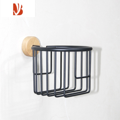 三维工匠卫生间纸巾架免打孔胡桃木卫生纸置物架厕所纸巾盒浴室实木卷纸架 榉木黑-圆形款 免打孔