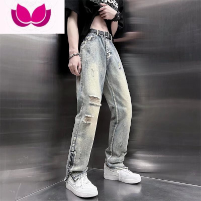 七斓欧美式vibe风高街裤子冬款ins潮牌复古牛仔裤破洞乞丐裤男女