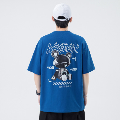 男装潮牌重磅短袖T恤夏季韩版卡通机械熊烫画百搭纯棉半袖打底衫