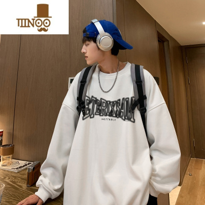 YANXU400克藏青色卫衣男款落肩长袖t恤大码宽松潮牌无帽外套