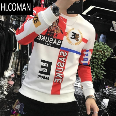 HLCOMAN新款字母卫衣男装加绒加厚欧货时尚印花拼接长袖T恤打底衫