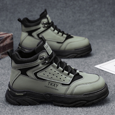 男士秋季上新款个性时尚字母马丁靴皮革透气舒适休闲系带纯色蹬靴