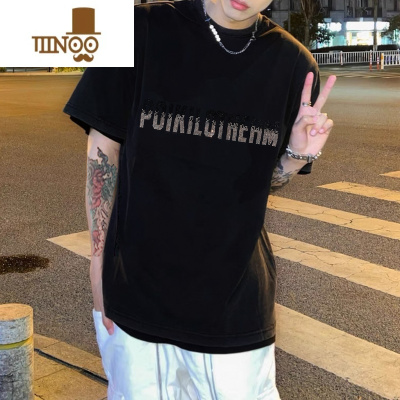 YANXU夏季美式短袖t恤男潮牌渐变字母烫钻情侣宽松休闲高街ins学生