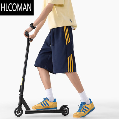 HLCOMAN美式速干三条杠直筒短裤男2025夏季高街撞色宽松直筒过膝五分裤子