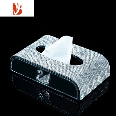 三维工匠汽车家用精致纸巾盒镶钻女餐巾纸盒车载创意抽纸盒纸巾套皮革时尚 单天鹅透明钻+大防滑垫+纸巾