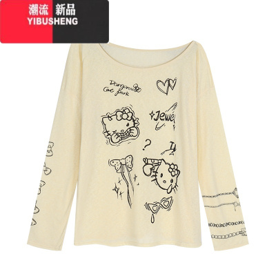 YIBUSHENG慵懒黄色kitty长袖T恤女季设计感小众露肩宽松薄款防晒罩衫上衣