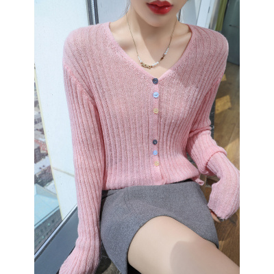 秋季新款坑条设计感洋气V领彩扣针织衫女款温柔修身开衫上衣