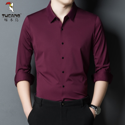 啄木鸟无痕红色衬衫男长袖春秋新款垂感商务休闲免烫中年弹力衬衣