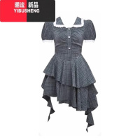 YIBUSHENG茶歇法式不规则格子连衣裙女季2024新款甜辣收腰公主蛋糕短裙子