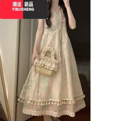 YIBUSHENG2024新款碎花度假风吊带连衣裙+头巾+蕾丝网纱罩衫裙三件套女季