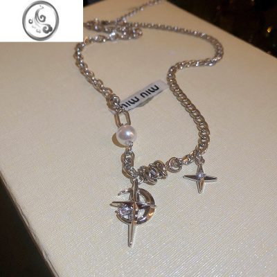 JiMi韩国小众镶钻珍珠四芒星月牙项链辣妹气质锁骨链个性甜酷风项饰女