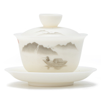 金镶玉 陈洪梅老师手绘 羊脂玉瓷三才盖碗 家用白瓷陶瓷功夫茶具礼盒装 山野行舟羊脂玉瓷手绘盖碗新