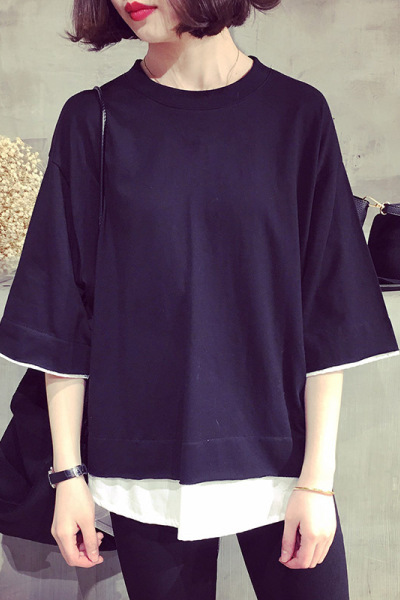 夏装新款韩版女装大码宽松纯侣假两件短袖T恤女式上衣小衫女