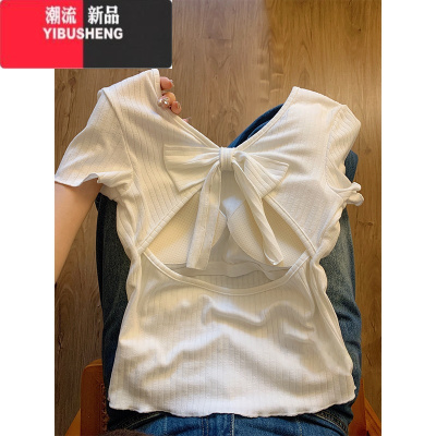 YIBUSHENG蝴蝶结露背短袖女季新款辣妹设计感带胸垫修身显瘦百搭T恤上衣