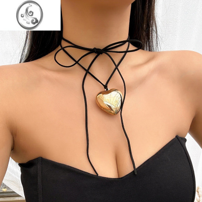 JiMi韩国东大门同款黑绳蝴蝶结系带韩素希同款甜酷爱心项链锁骨链颈链