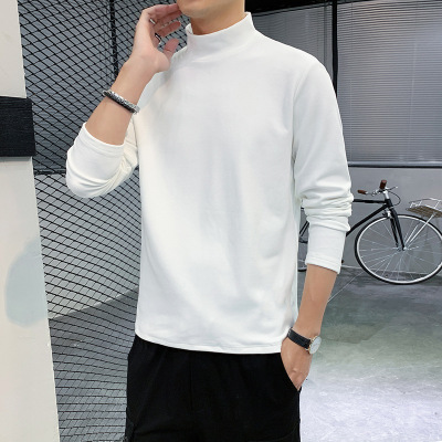 男装长袖T恤德绒秋季日系潮牌纯色打底衫半高领保暖上衣