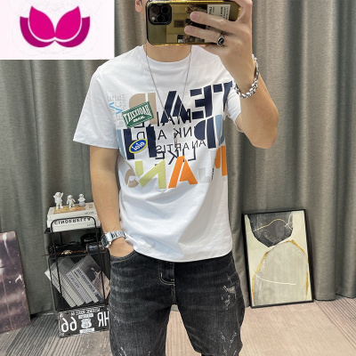 七斓欧洲站t恤男夏季2022新款潮流卡通字母印花T恤衫修身半袖上衣
