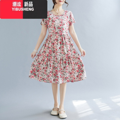 YIBUSHENG小碎花棉绸连衣裙女中长款拼接抽绳遮肉显瘦休闲季外穿薄款妈妈