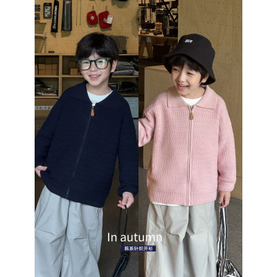 童酷男童秋款童装韩系纯色宝宝针织开衫时尚拉链翻领儿童毛衣