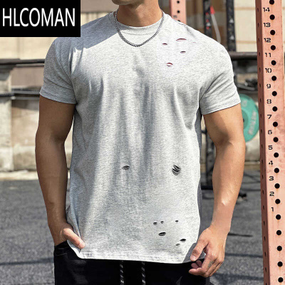 HLCOMAN健身衣服男夏季棉质宽松收袖口t恤纯色破洞圆领跑步训练运动短袖