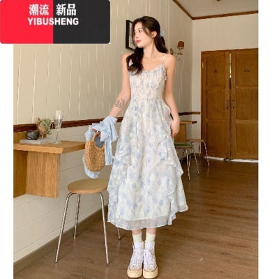 YIBUSHENG季2024新款法式初恋蓝色碎花吊带连衣裙两件套仙气海边度假长裙