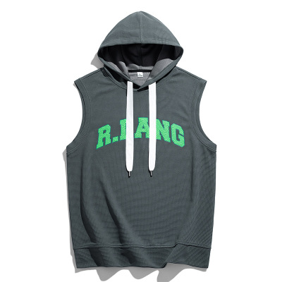 连帽无袖T恤衫男士夏季新款日系港风潮流字母印花运动坎肩上衣服