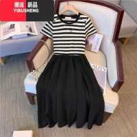 YIBUSHENG大码赫本风小黑裙女季设计感短袖连衣裙小个子收腰褶皱a字长裙