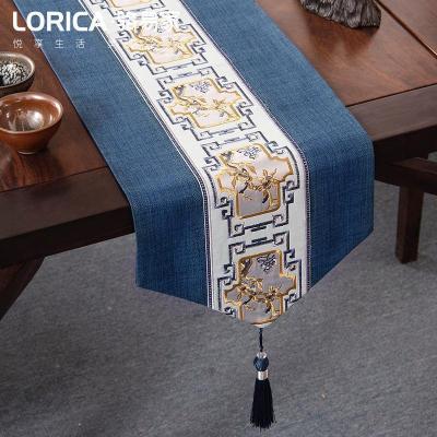 新中式桌旗禅意刺绣茶几餐桌布长条装饰布现代简约电视柜盖巾定制 南山秀色-蓝色 33*240cm(适用桌长1.9米-2米)